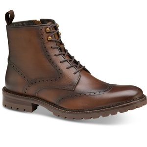 Johnston & Murphy Garrison wingtip boot tan embossed full grain leathers
